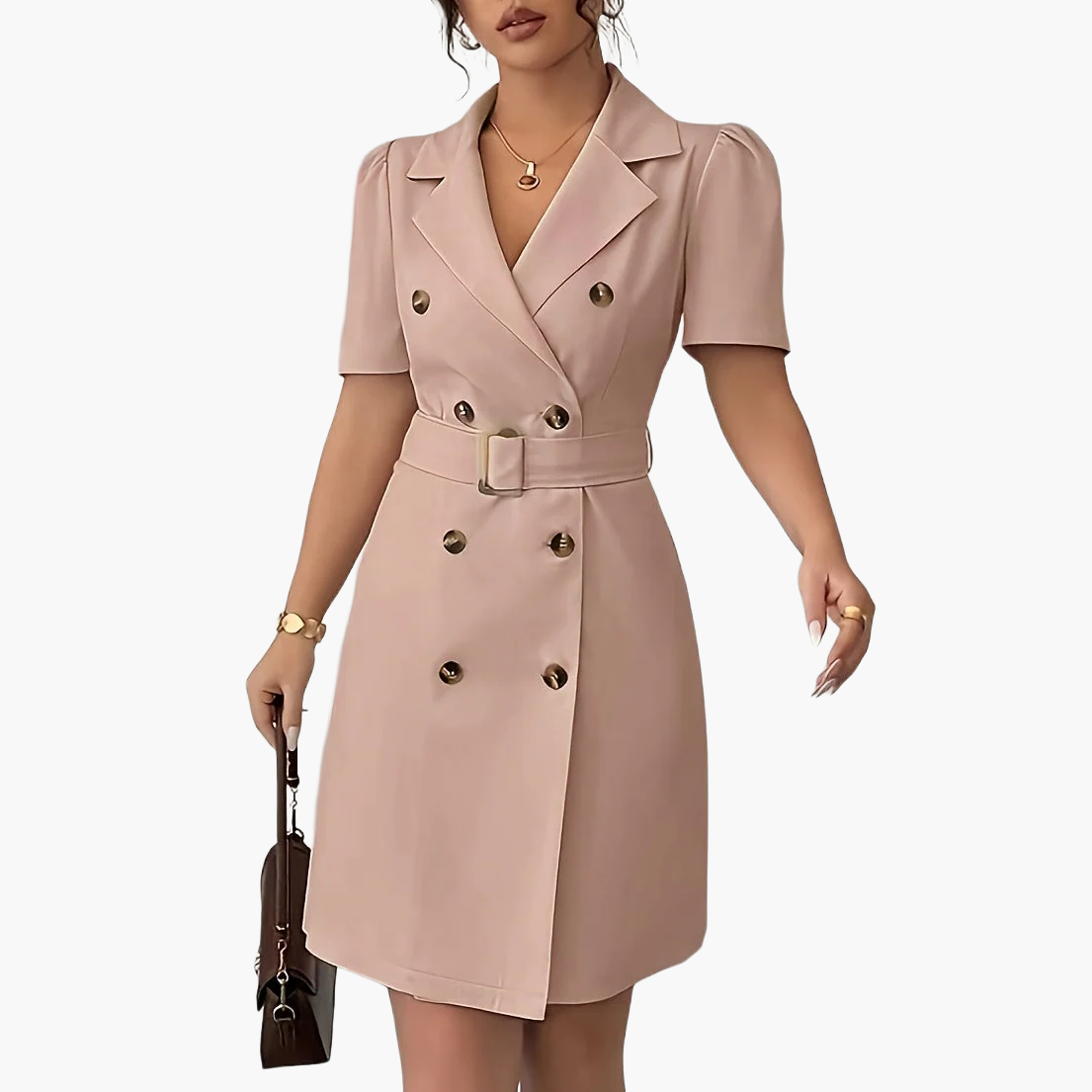Elegantes Damen-Blazerkleid mit kurzen Ärmeln und Doppelknopfverschluss für Büro und besondere Anlässe  