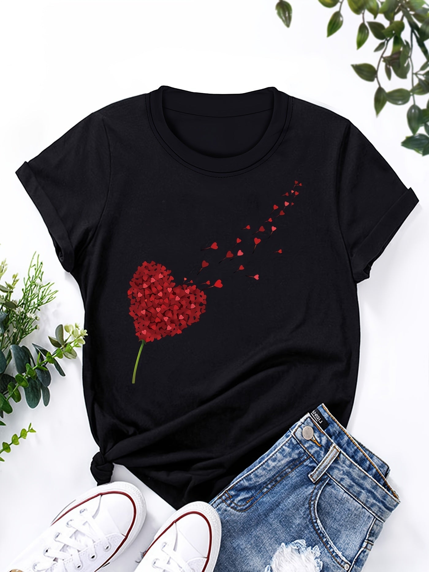 T-shirt Femme Style Décontracté Imprimé Cœur Volant pour Look Estival et Moderne