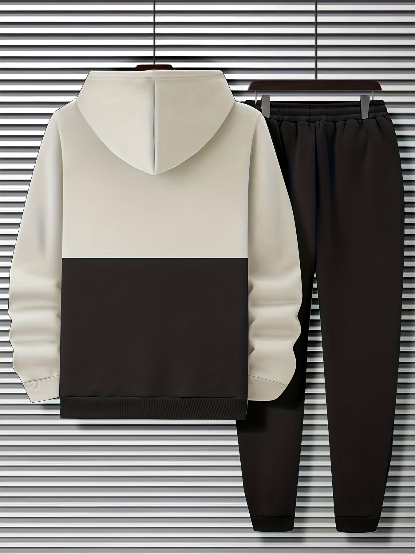 Ensemble Survêtement Homme Bicolore à Capuche et Bandes Horizontales Gris et Noir