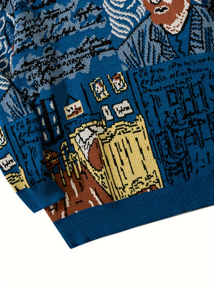 Pull en maille unisexe à motif artistique de portrait et chambre, col rond bleu