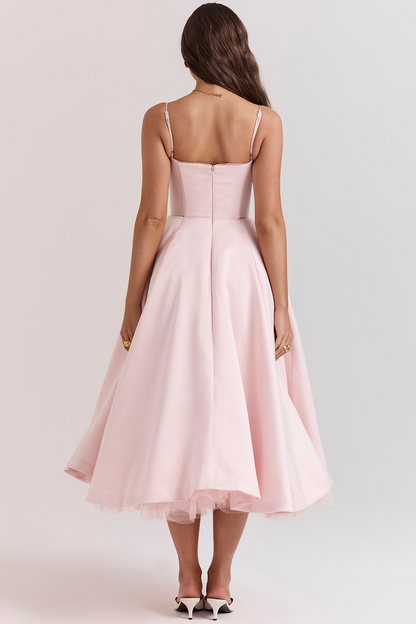 Robe de soirée élégante femme style princesse bustier jupe midi évasée