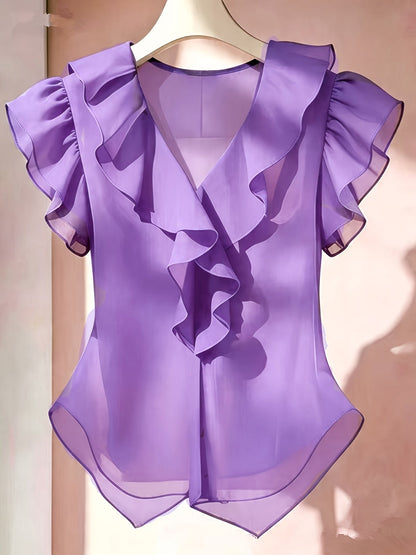Blouse Femme Élégante à Volants Style Romantique pour Tenue Chic et Bureau