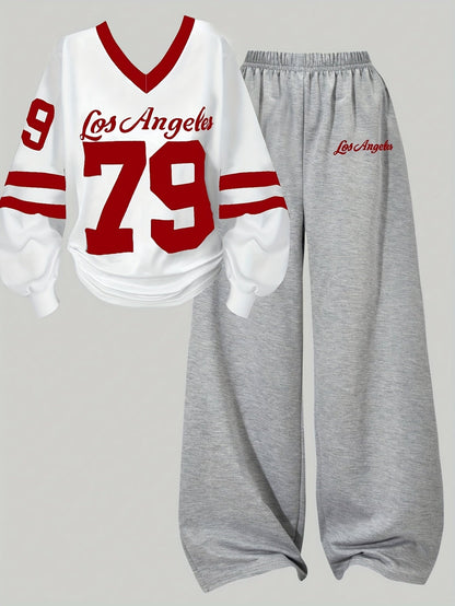 Ensemble Sport Décontracté Femme Col V Manches Longues & Pantalon Large Gris Los Angeles