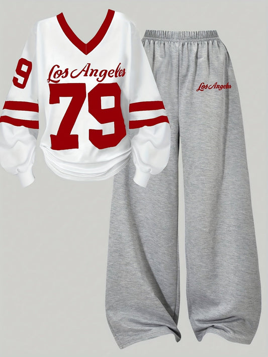 Ensemble Sport Décontracté Femme Col V Manches Longues & Pantalon Large Gris Los Angeles