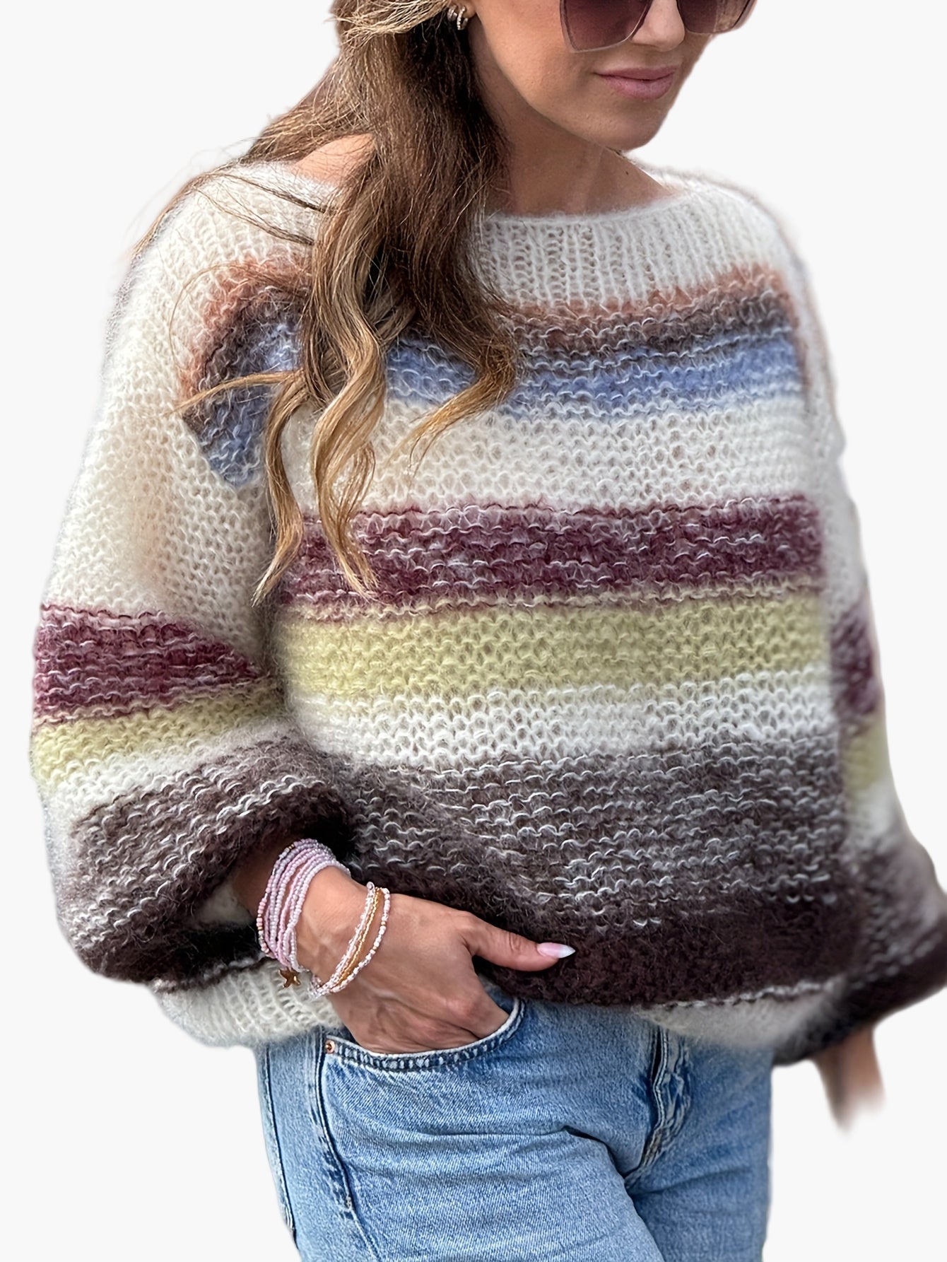 Elegant striped women's sweater casual style for autumn/winter