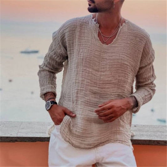 Ken – Chemise décontractée à col rond en couleur unie avec bords effilochés