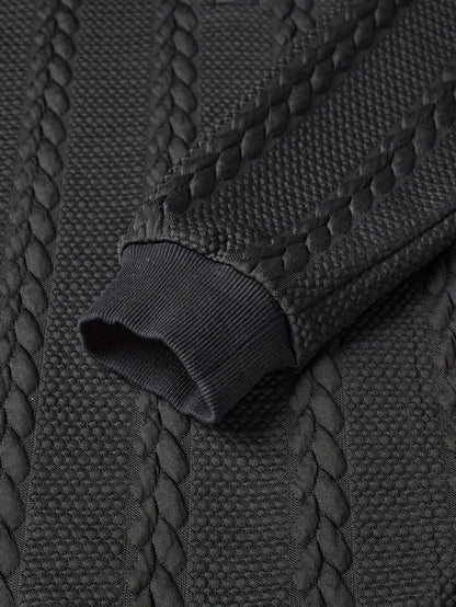 Polo homme tricoté à manches longues noir, col texturé, motif torsadé