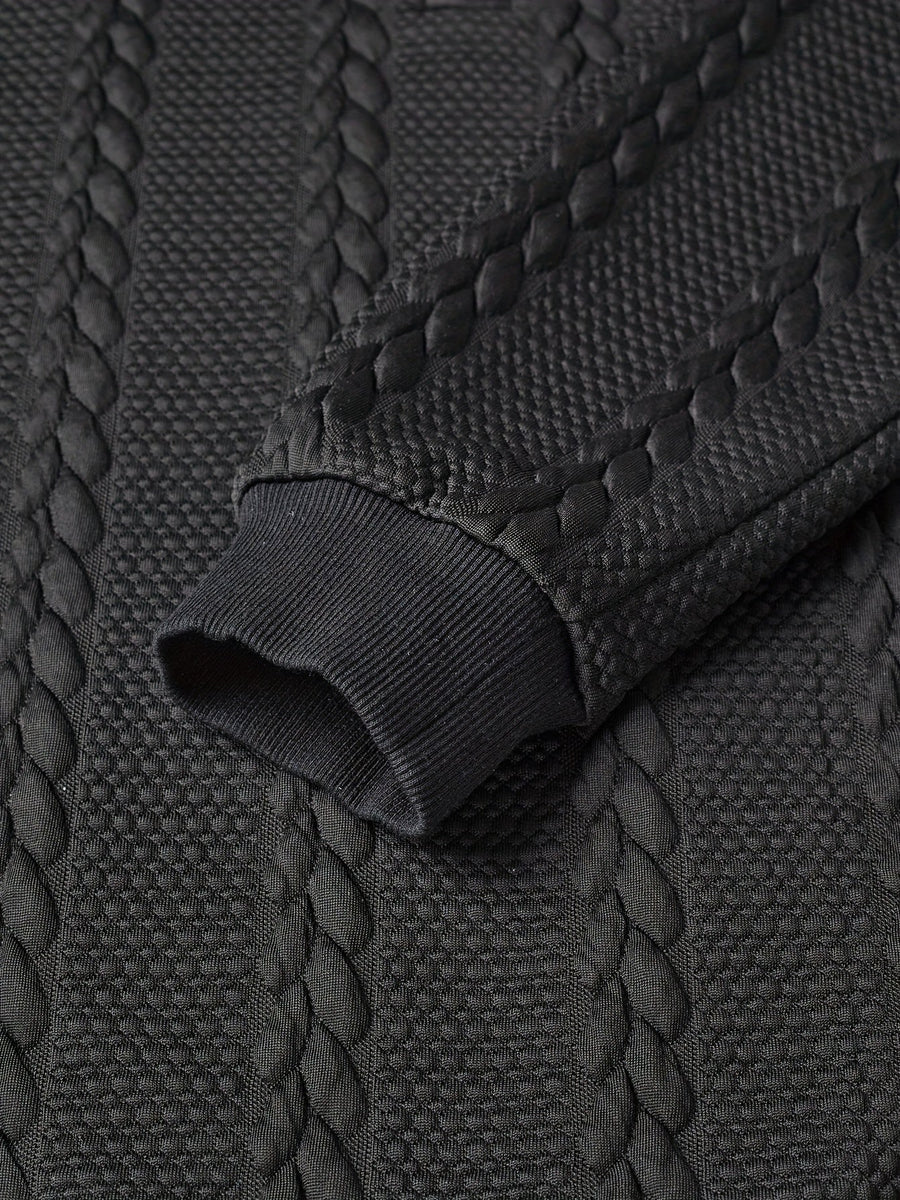 Black long-sleeve knitted men's polo shirt, textured collar, cable-knit pattern