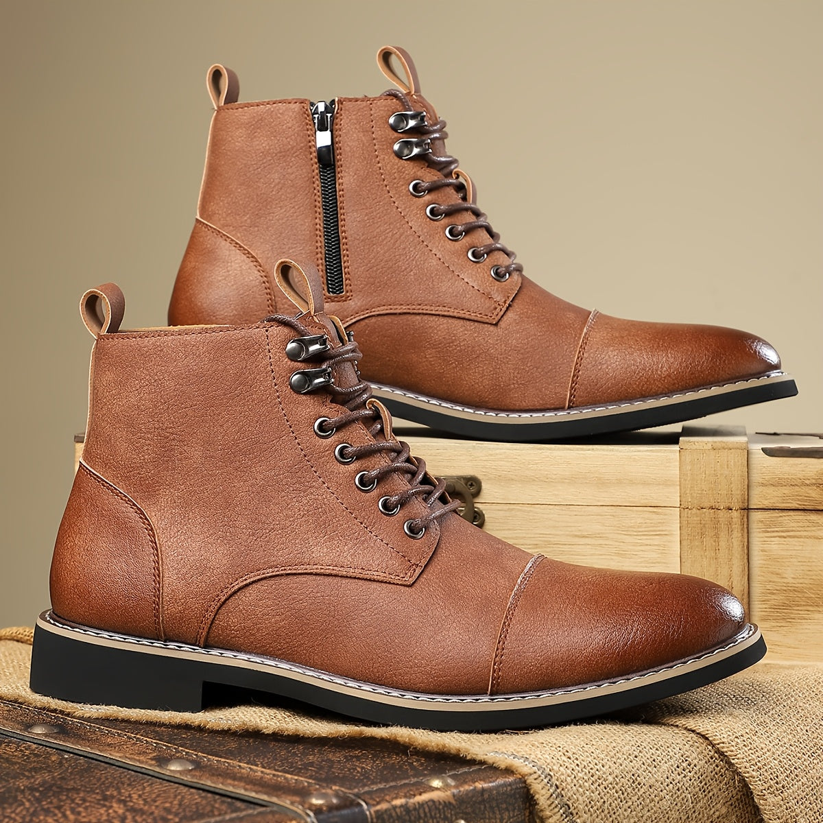 Bottes Chelsea pour homme à lacets, bout cap et fermeture éclair latérale, style décontracté chic