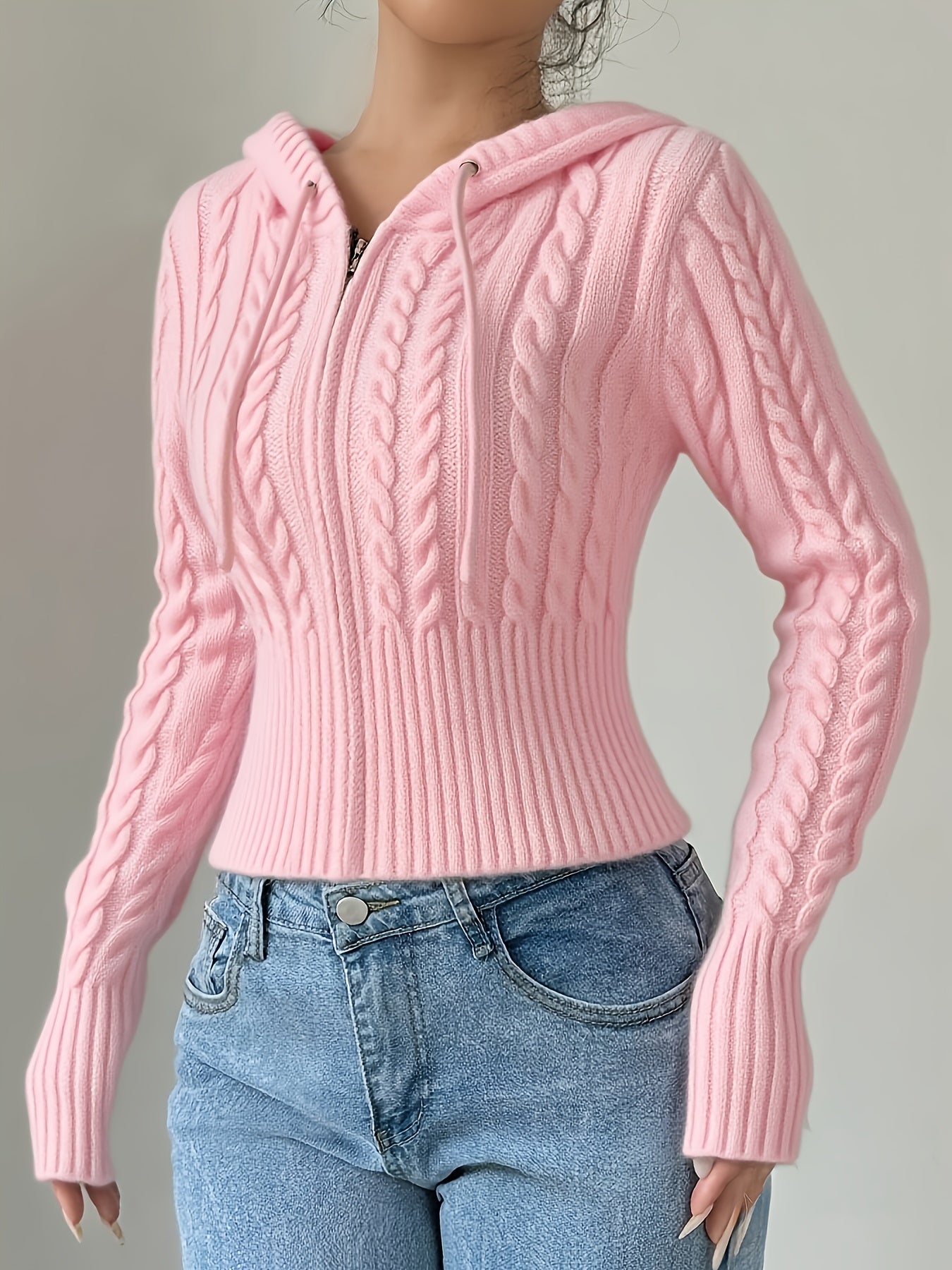 Sweat à capuche Femme tricoté torsadé court avec zip et cordon de serrage