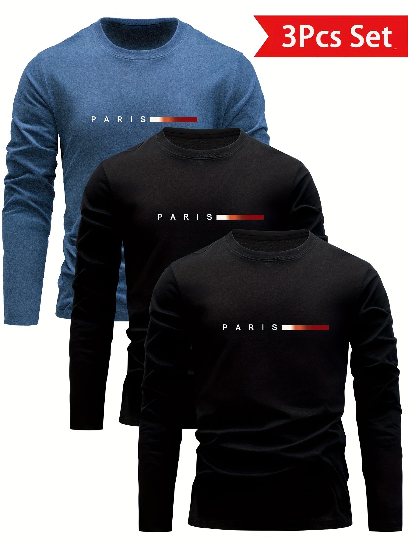 Lot de 3 T-shirts Homme Manches Longues Col Rond Motif Paris Dégradé