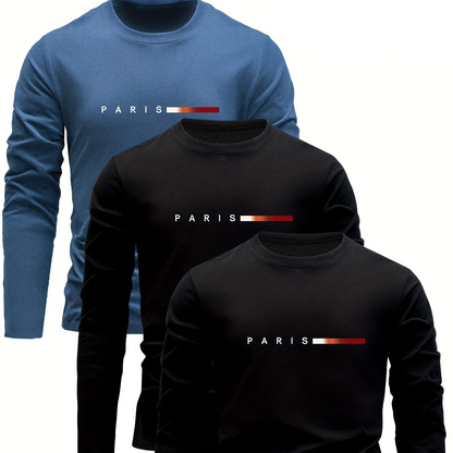 Lot de 3 T-shirts Homme Manches Longues Col Rond Motif Paris Dégradé