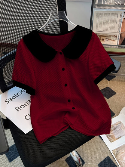 Blusa elegante para mujer con cuello Claudine estilo retro, mangas cortas, ideal para la oficina o salidas
