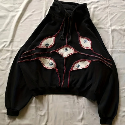 Sweat à Capuche Gris Anthracite Ample avec Motifs Yeux Stylisés