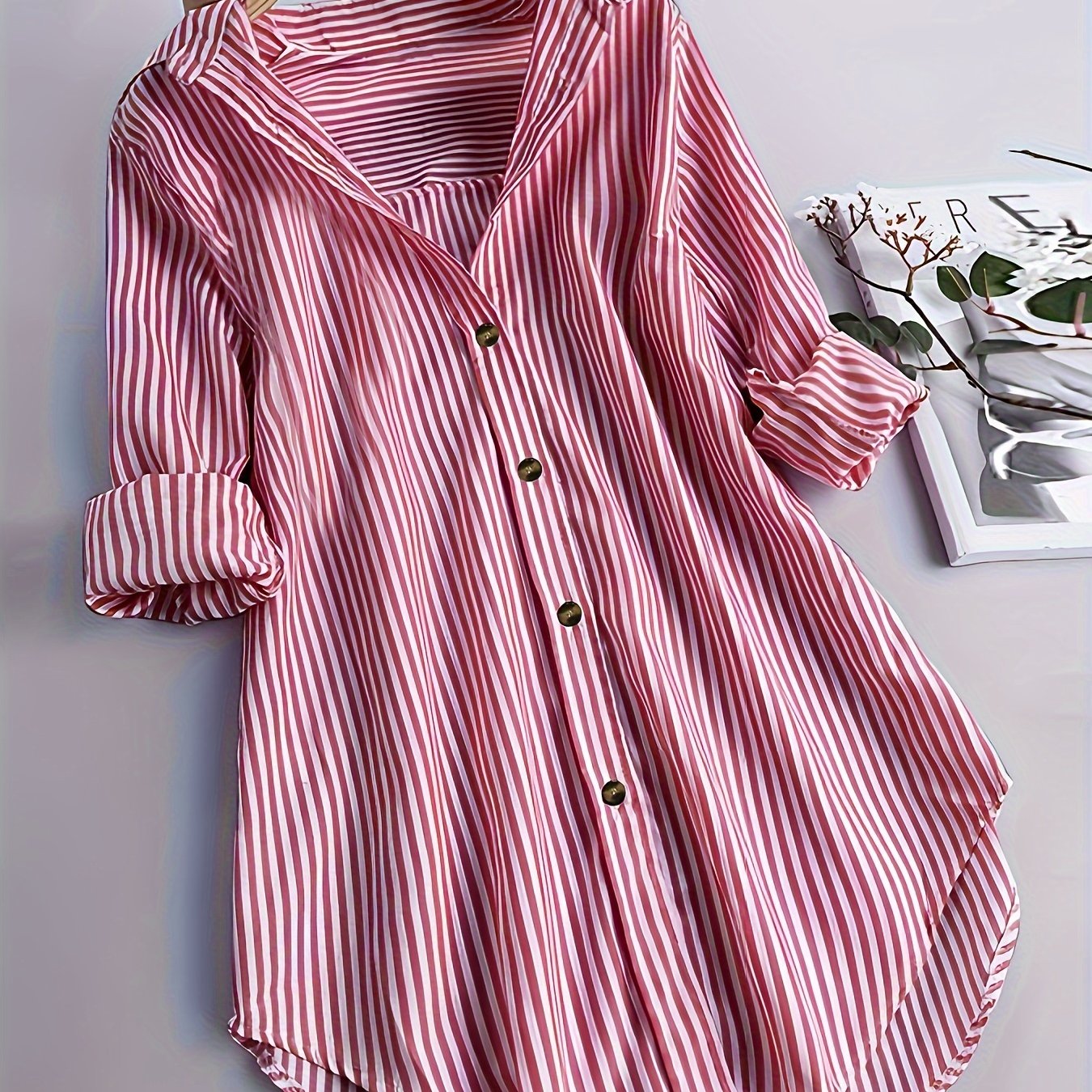 Camicia lunga a righe stile casual da donna, maniche lunghe, ideale per tutti i giorni