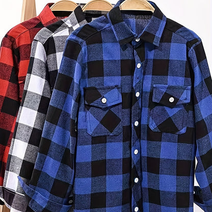 Chemise à Carreaux Homme Manches Longues à Col Classique et Poches Poitrine