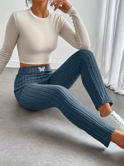 Legging côtelé gris clair taille haute avec détail papillon