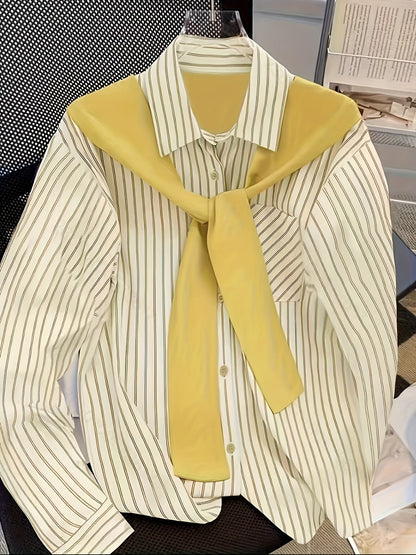 Chemise rayée femme à manches longues avec fausse écharpe nouée devant