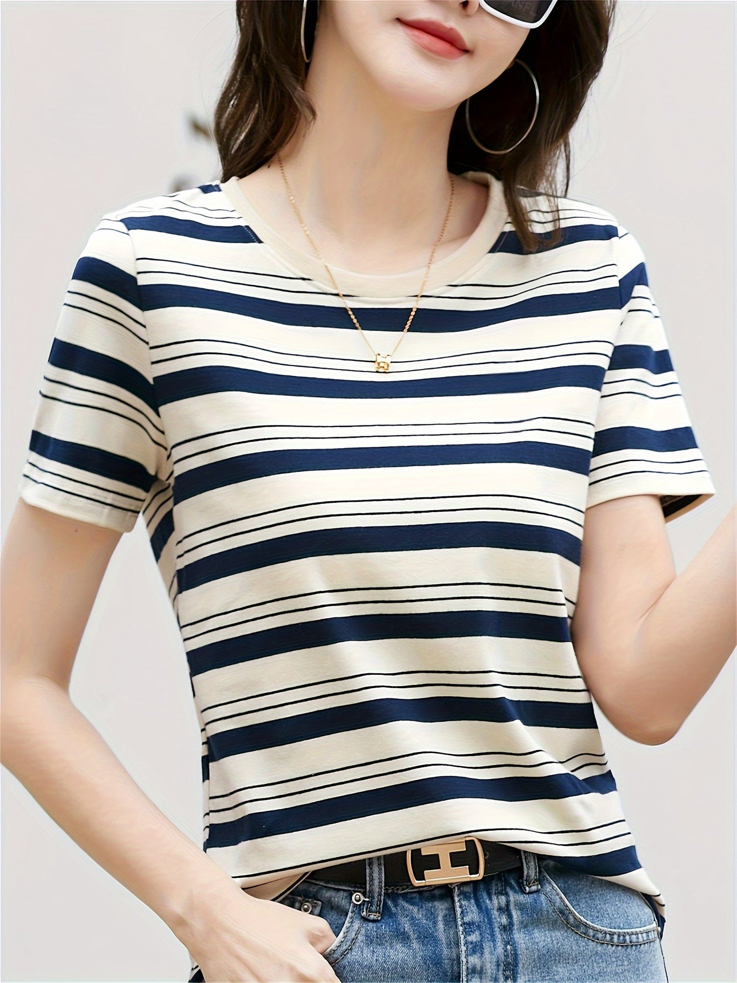T-shirt à Rayures Classiques Femme Style Décontracté Chic