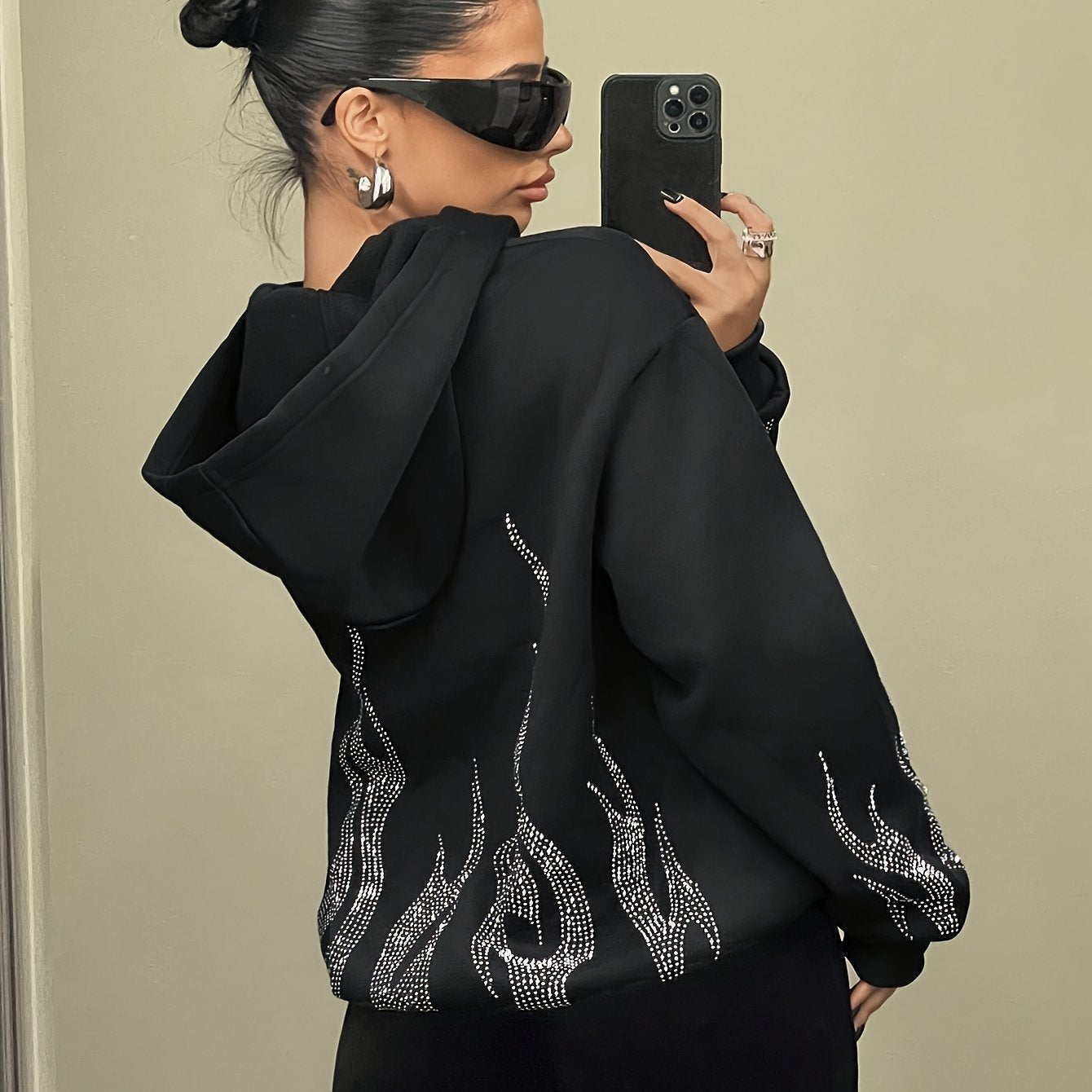Sweat à Capuche Femme Décontracté Noir Flammé Strass Manches Longues
