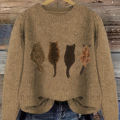 Pull en maille femme col rond à motif chats manches longues