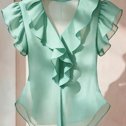 Blouse Femme Élégante à Volants Style Romantique pour Tenue Chic et Bureau