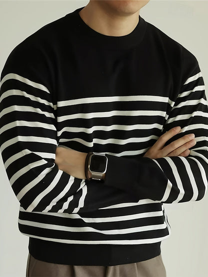 Pull Homme Marinière Col Rond Rayé Manches Longues Noir Blanc