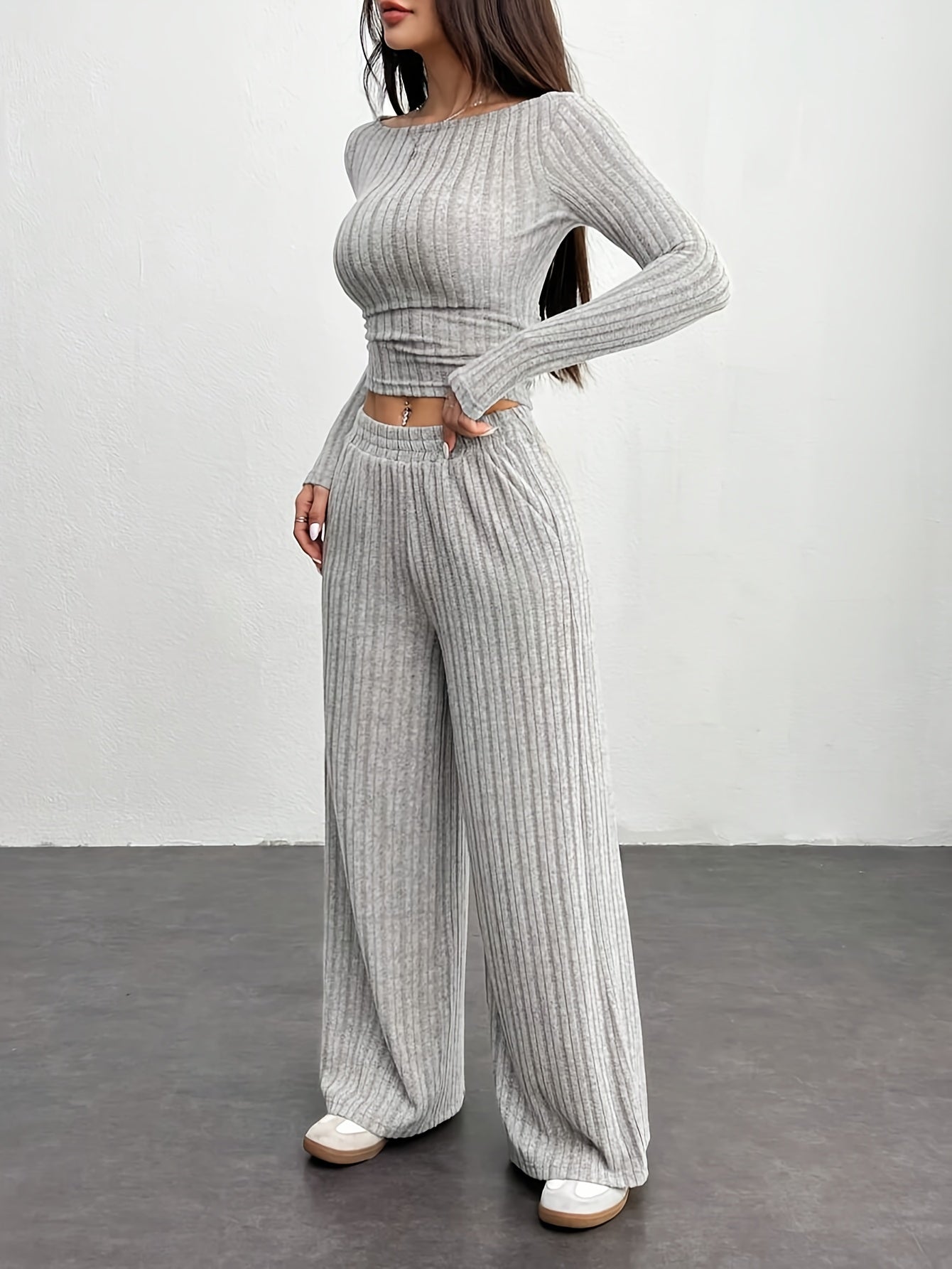 Ensemble côtelé femme 2 pièces pull court et pantalon large gris