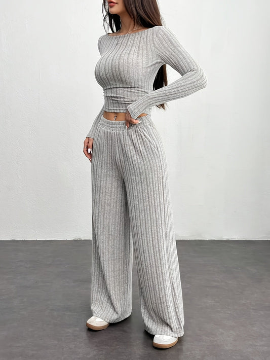 Ensemble côtelé femme 2 pièces pull court et pantalon large gris