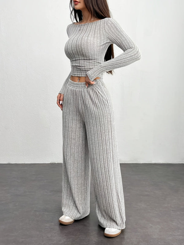 Ensemble côtelé femme 2 pièces pull court et pantalon large gris