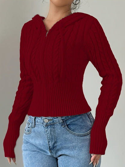 Sweat à capuche Femme tricoté torsadé court avec zip et cordon de serrage