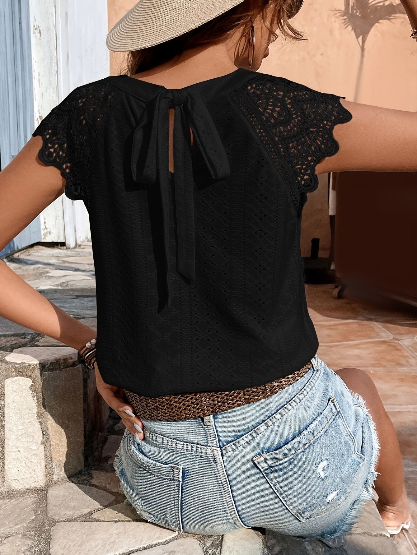 Damesblouse Boheemse Chic Stijl met Kantmouwen en Geknoopte Rug – Casual Zomermode