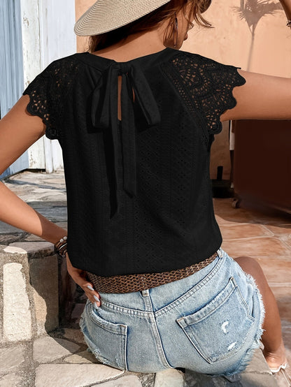 Damesblouse Boheemse Chic Stijl met Kantmouwen en Geknoopte Rug – Casual Zomermode