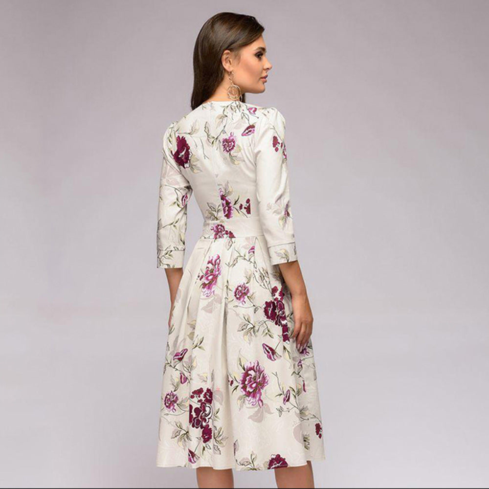 Elegant blomsterkjole til kvinder i retrostil, midi-længde til særlige lejligheder