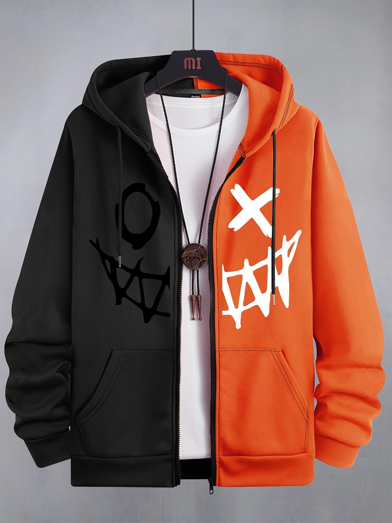 Sweat à capuche bicolore homme avec motif graphique décontracté fermeture éclair