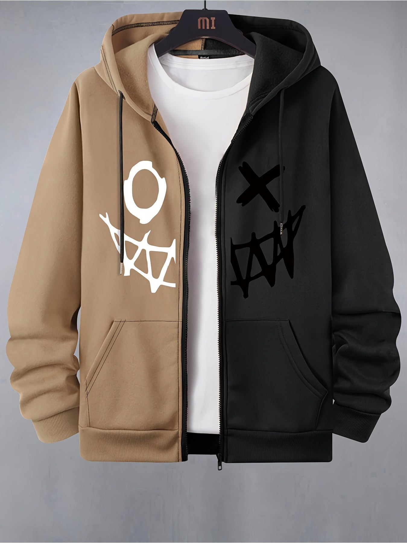 Sweat à capuche bicolore homme avec motif graphique décontracté fermeture éclair