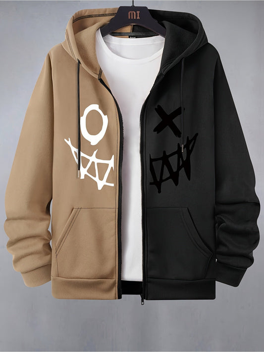 Sweat à capuche bicolore homme avec motif graphique décontracté fermeture éclair