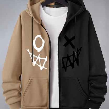 Sweat à capuche bicolore homme avec motif graphique décontracté fermeture éclair