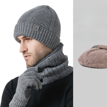 Ensemble Bonnet Cache-cou Gants Homme Tricoté Chaud Hiver Couleur Kaki