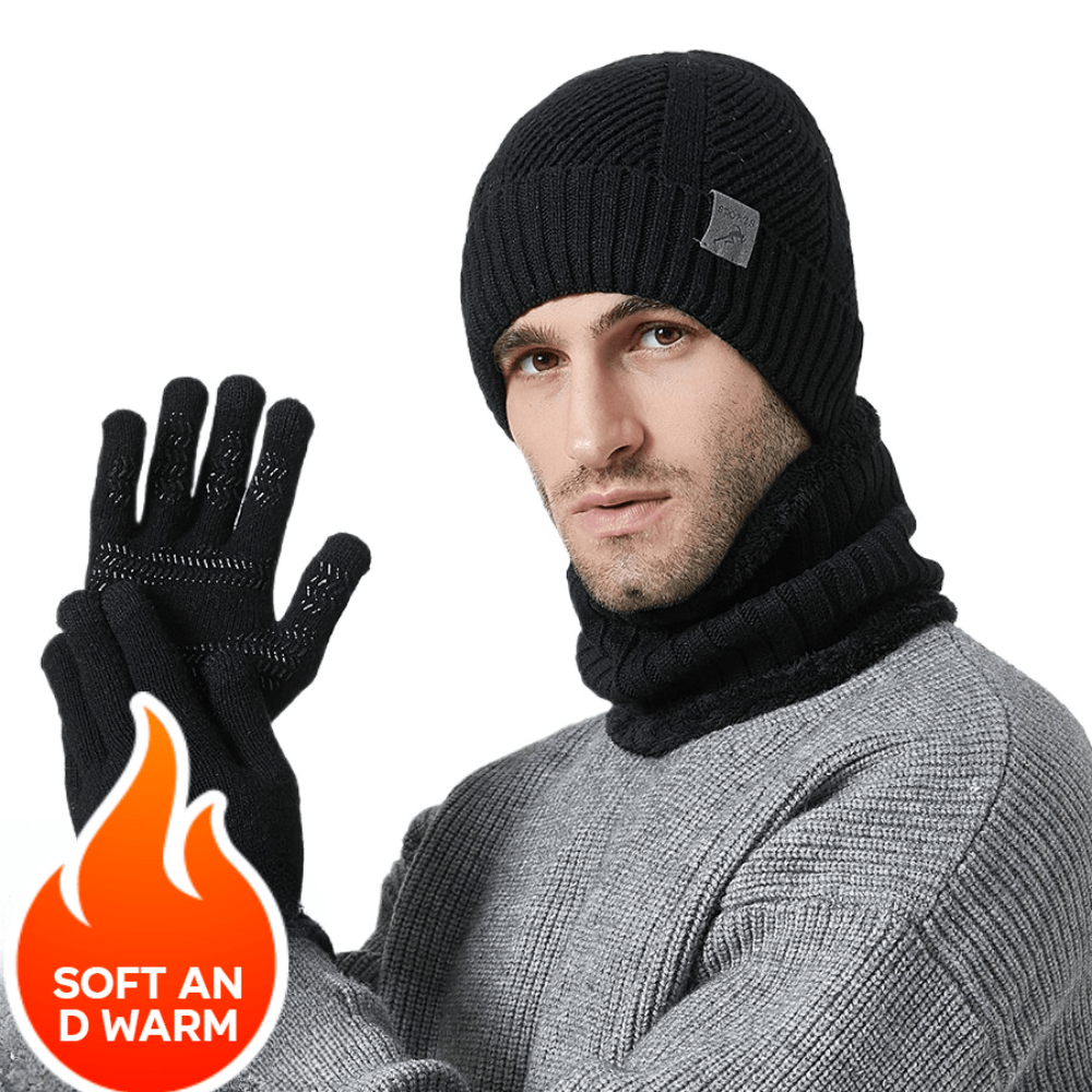 Ensemble Bonnet Cache-cou Gants Homme Tricoté Chaud Hiver Couleur Kaki
