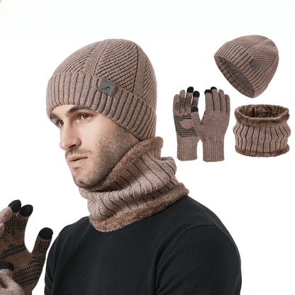 Ensemble Bonnet Cache-cou Gants Homme Tricoté Chaud Hiver Couleur Kaki