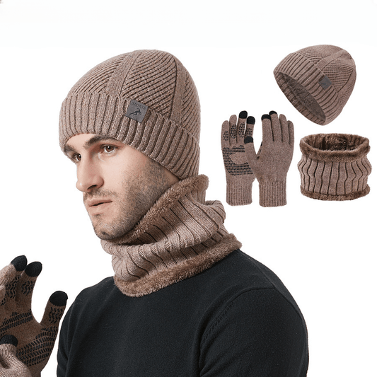 Ensemble Bonnet Cache-cou Gants Homme Tricoté Chaud Hiver Couleur Kaki