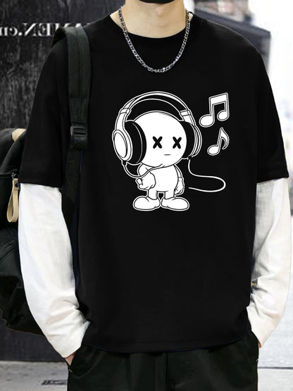 T-shirt Homme Manches Longues Superposées Motif Cartoon Casque Musique