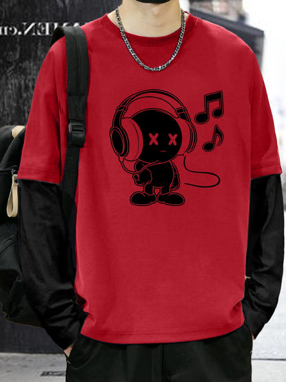 T-shirt Homme Manches Longues Superposées Motif Cartoon Casque Musique