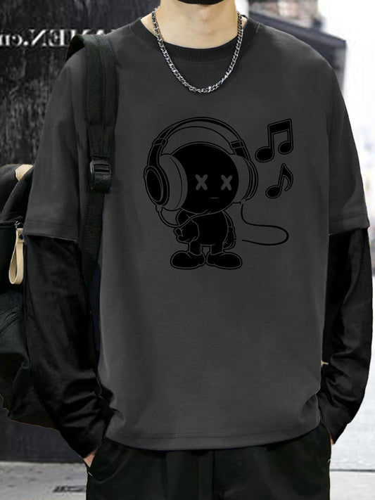 T-shirt Homme Manches Longues Superposées Motif Cartoon Casque Musique