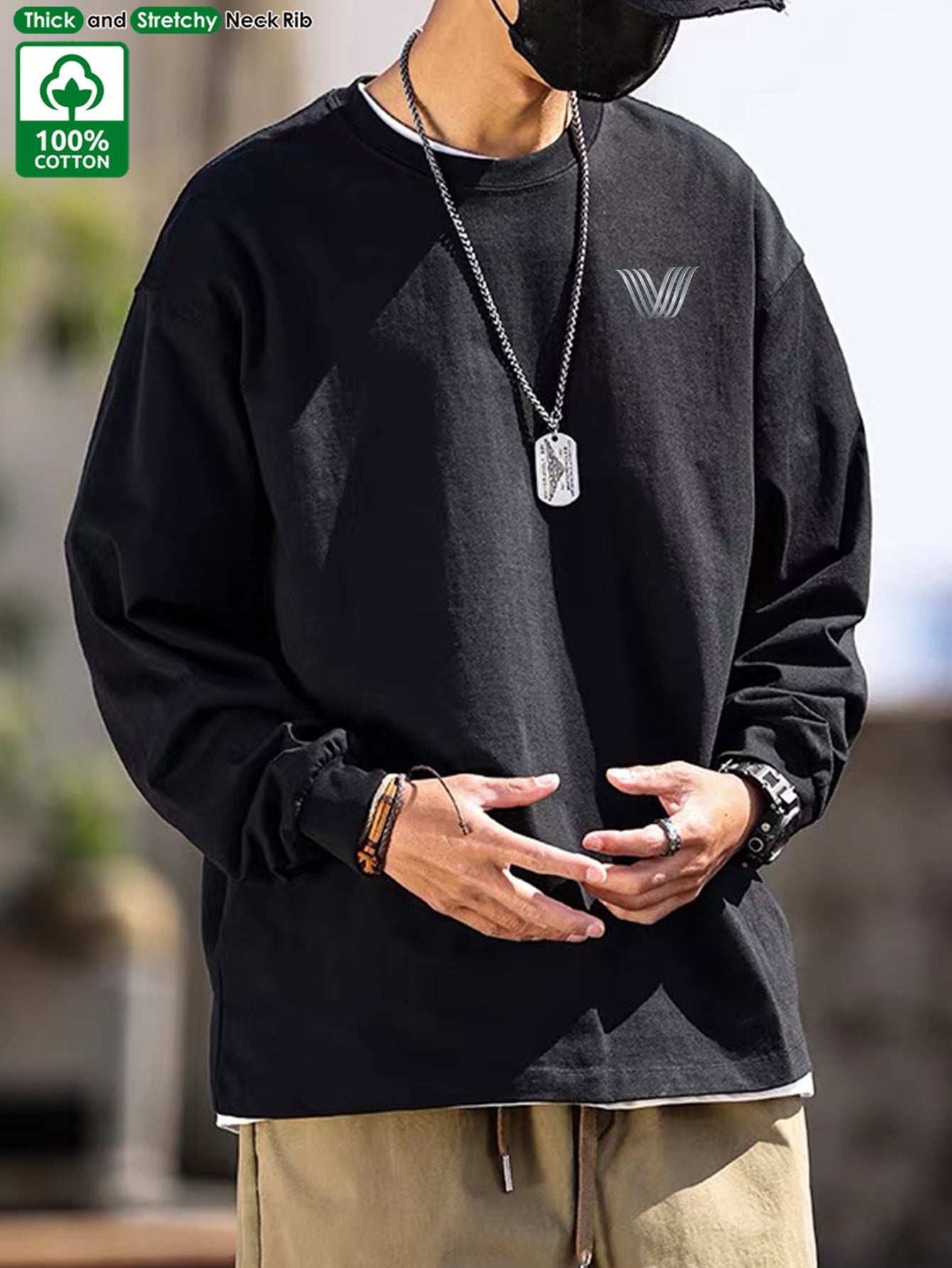 T-shirt Homme Manches Longues Uni Col Rond Ample Décontracté