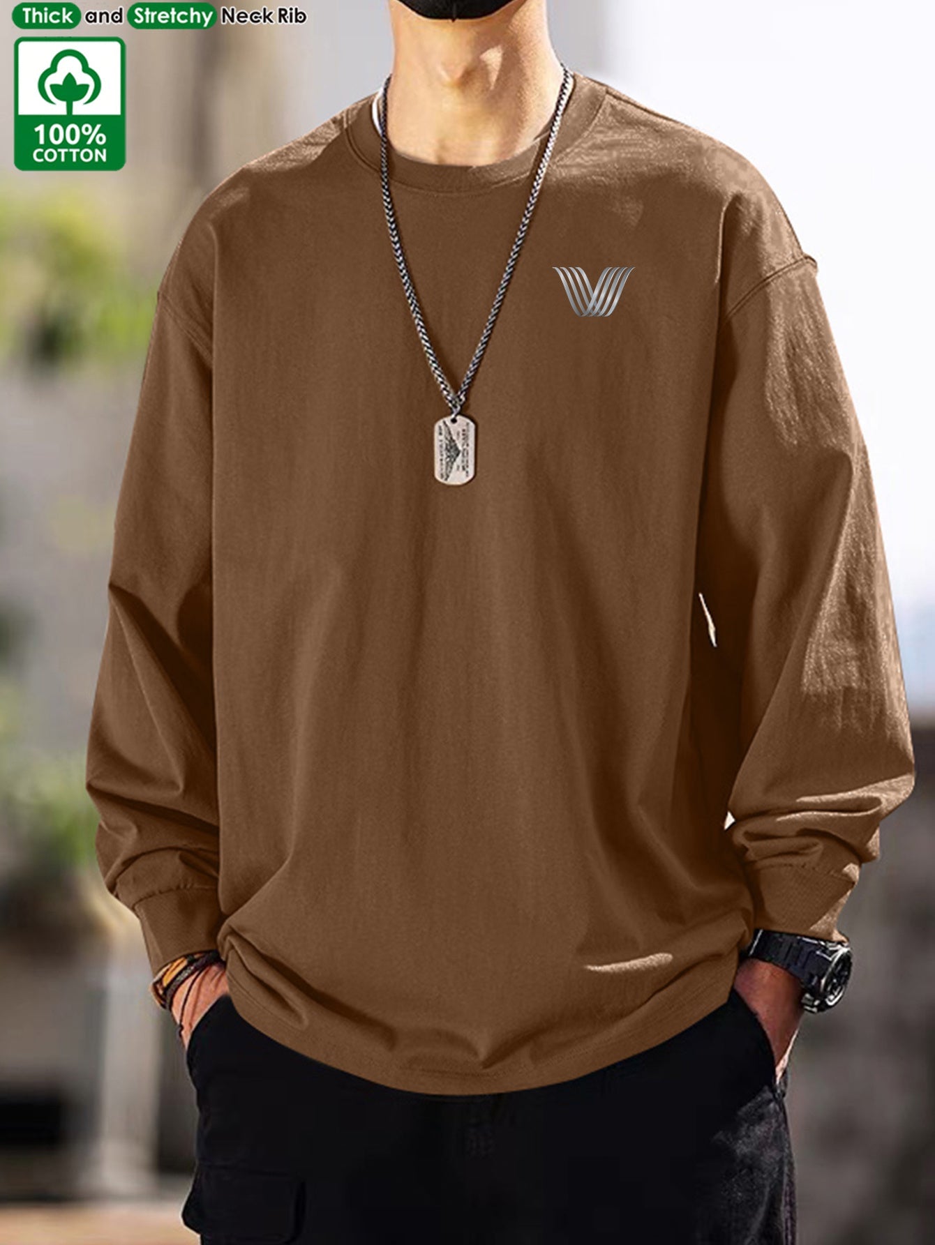 T-shirt Homme Manches Longues Uni Col Rond Ample Décontracté