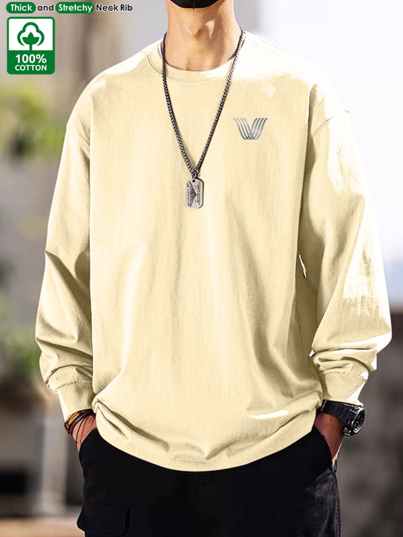 T-shirt Homme Manches Longues Uni Col Rond Ample Décontracté