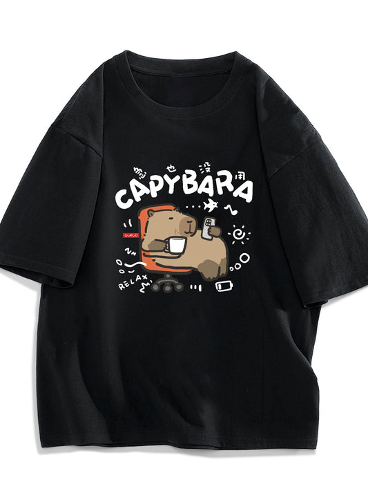 T-shirt décontracté unisexe style kawaii avec imprimé capybara relaxant – Idéal pour ados et jeunes adultes