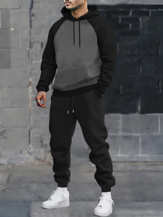 Ensemble survêtement homme bicolore avec sweat à capuche gris foncé et noir